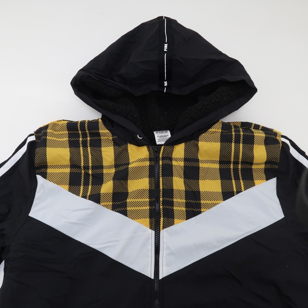 Pink Victoria's Secret Women Jacket M/L Yellow Plaid Colorblock Sherpa Anorak